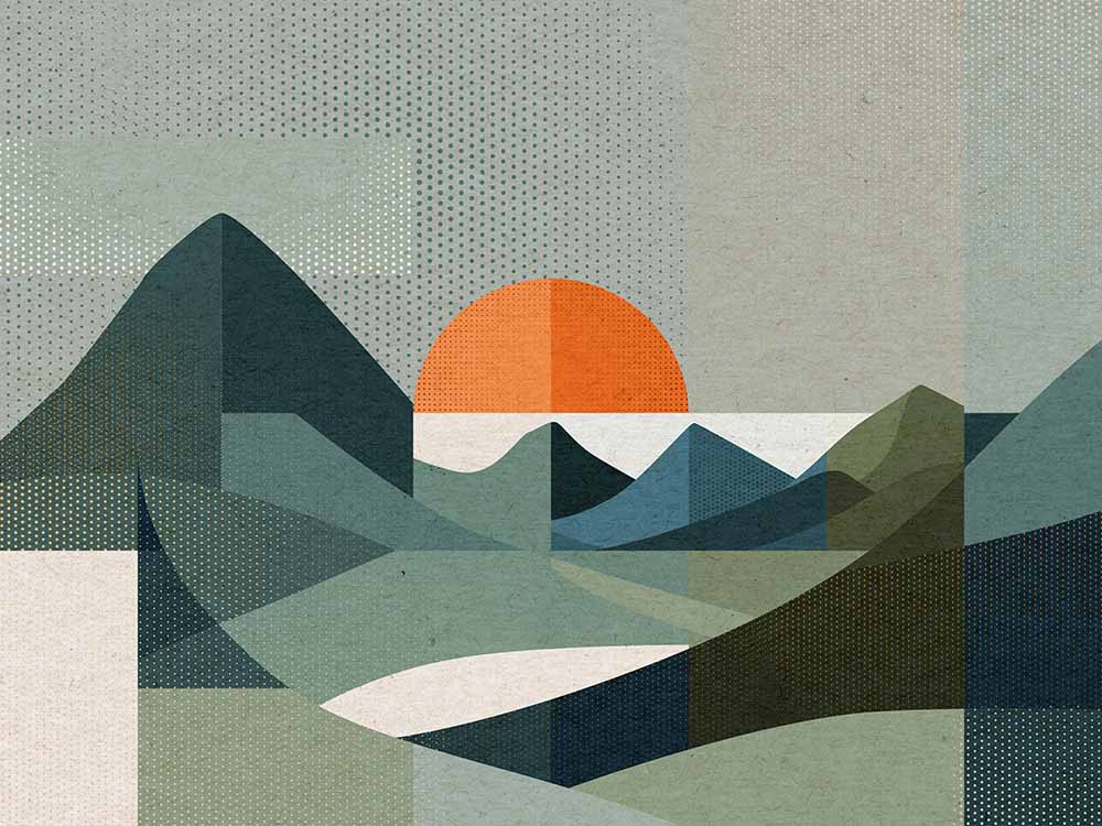 Abstrakte Landschaft in geometrischen Formen mit orangefarbener Sonne