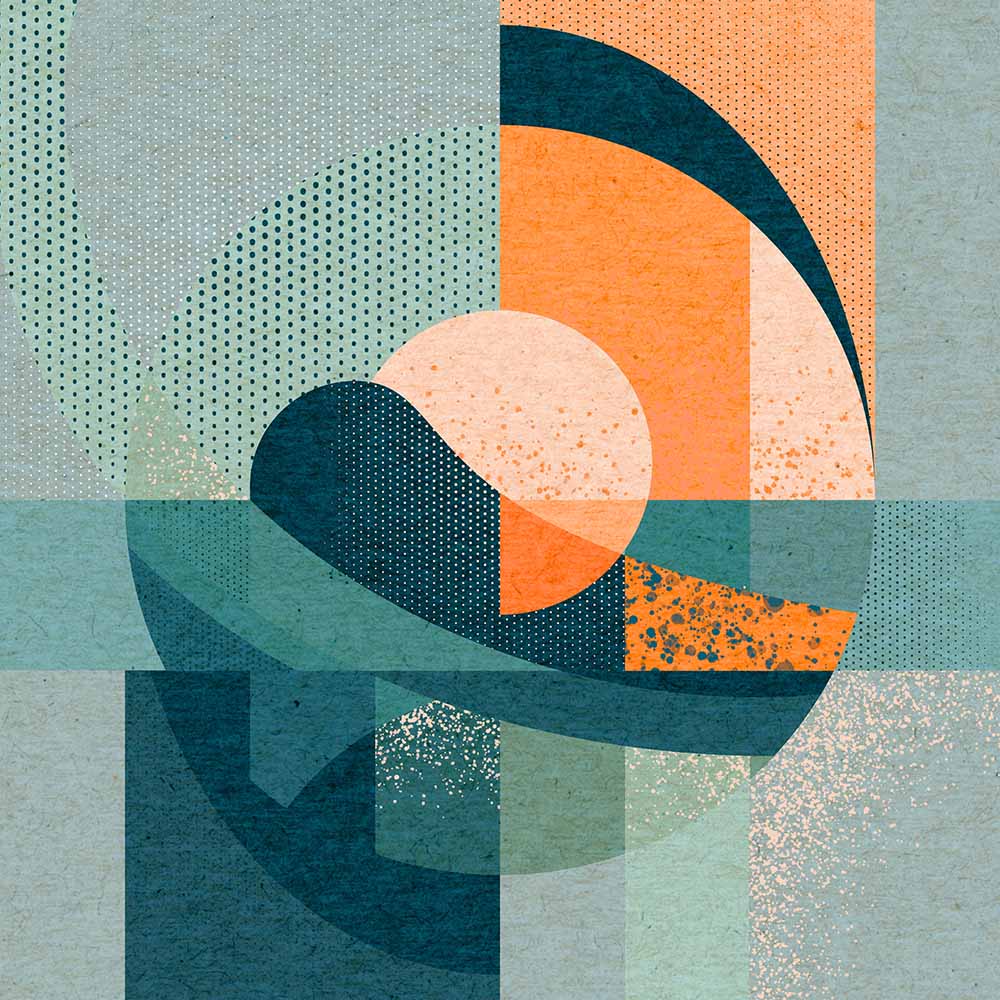 Abstrakte Wandkunst mit kreisförmigen Formen und dynamischer Bewegung