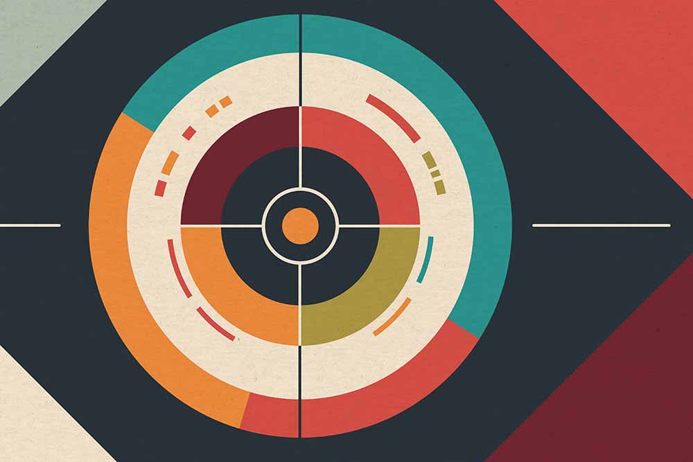 Abstrakte Kreis‑ und Linienkomposition in kräftigen Retro‑Farben