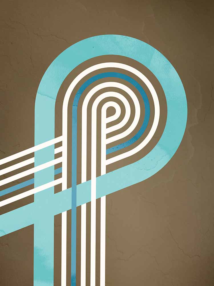 Abstrakte Linienkomposition in Türkis und Weiß mit Retro‑Charakter