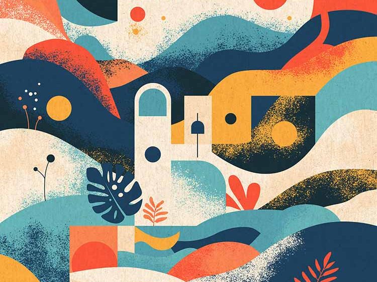 Abstrakte mediterrane Landschaft mit Formen in Santorin‑ähnlicher Farbpalette