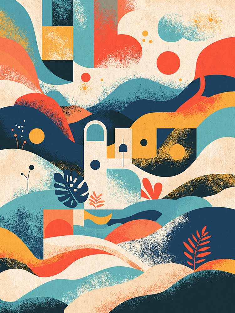 Abstrakte mediterrane Landschaft mit Formen in Santorin‑ähnlicher Farbpalette