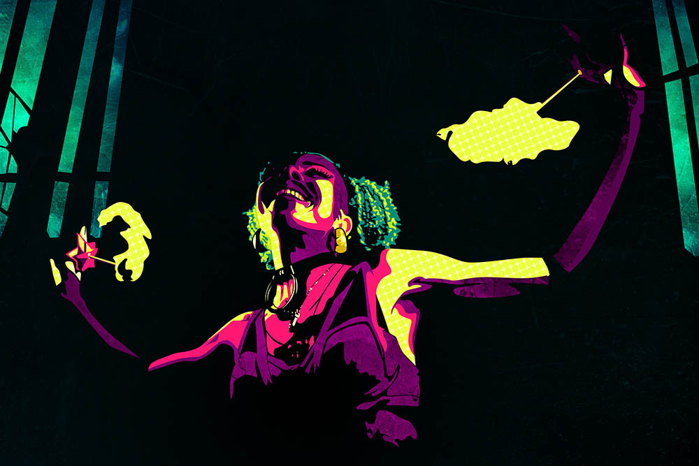 Pop‑Art‑Wandkunst mit Feuerartistik und leuchtenden grafischen Elementen