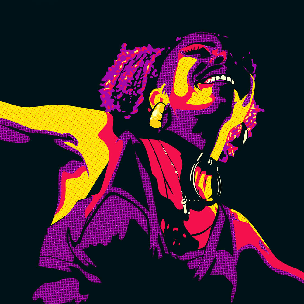 Pop‑Art‑Wandkunst mit lachender Frau und kräftigen Neonfarben