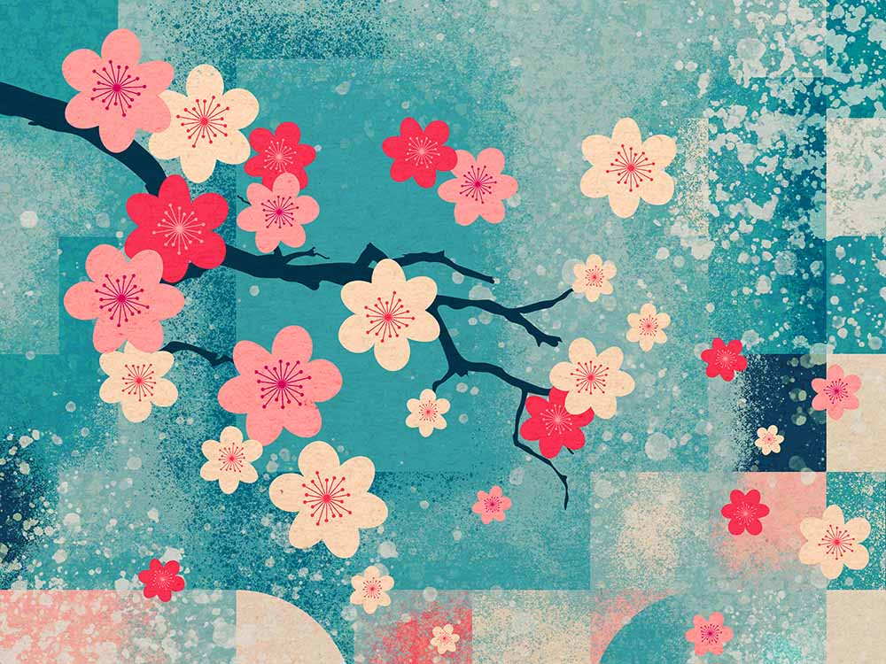 Abstrakte Darstellung eines Blütenzweigs auf strukturiertem Hintergrund