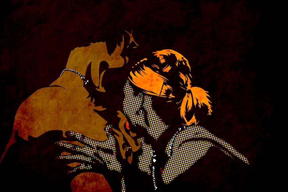 Abstrakte Pop‑Art‑Darstellung zweier einander naher Figuren