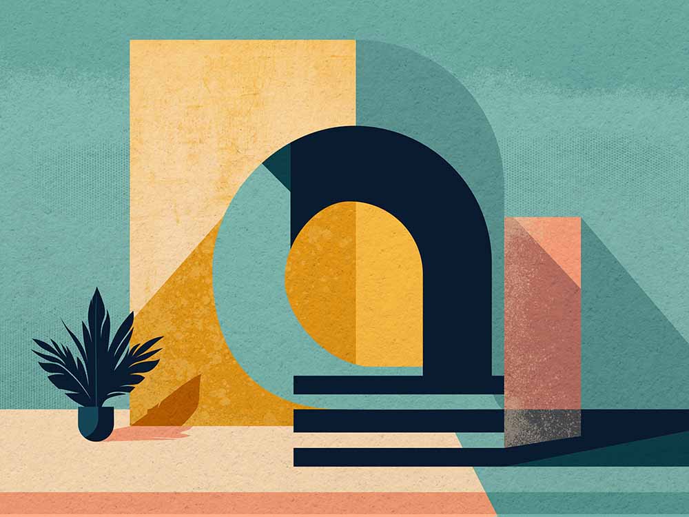 Abstrakte Architekturkomposition mit Rundbogen und geometrischen Flächen