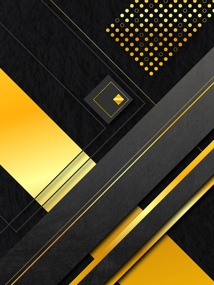 Abstrakte Wandkunst mit goldenen Linien und schwarzen geometrischen Flächen