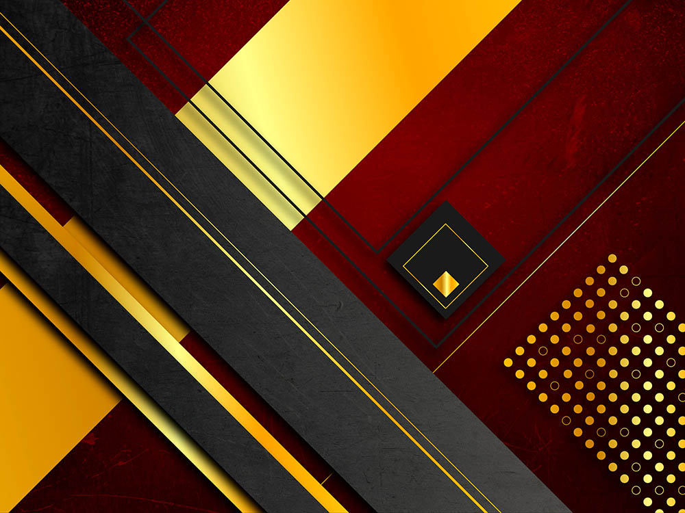 Abstrakte Wandkunst in Rot, Schwarz und Gold mit geometrischen Formen