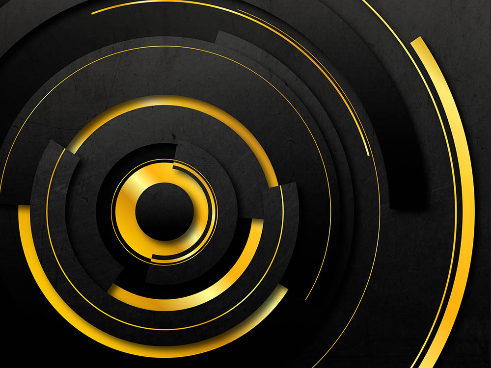 Abstrakte Kreiskomposition mit goldenen und schwarzen Ringelementen