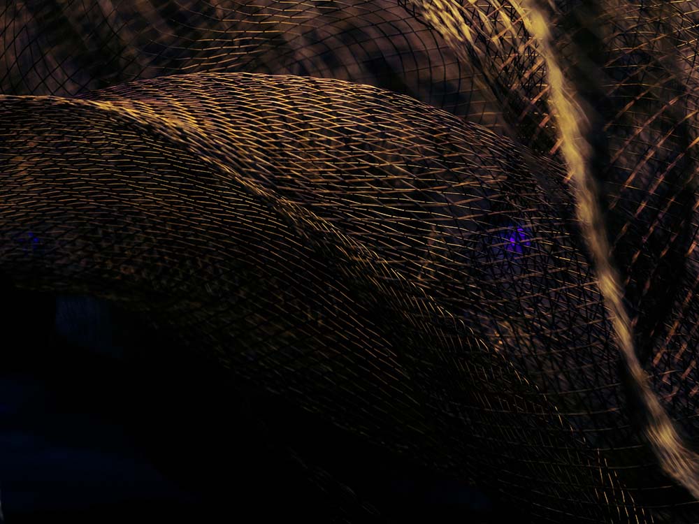 Dunkel schimmerndes Netzgewebe mit goldenen Reflexen und Tiefe.