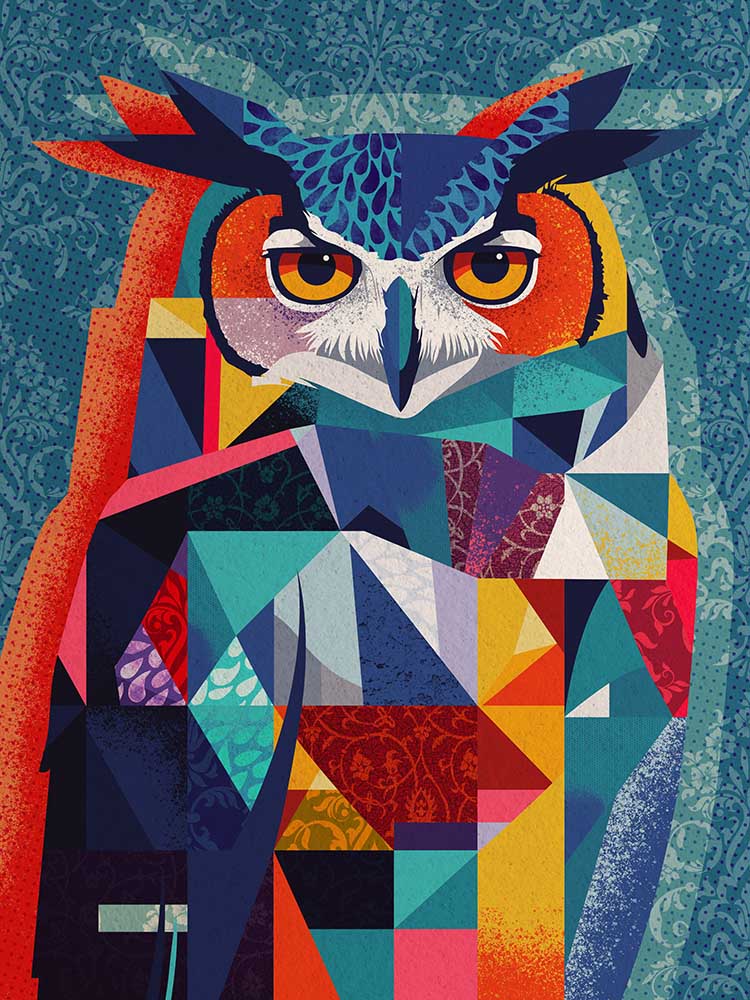 Abstract owl made from colored geometric shapes and patterns, designed in strong contrasts.