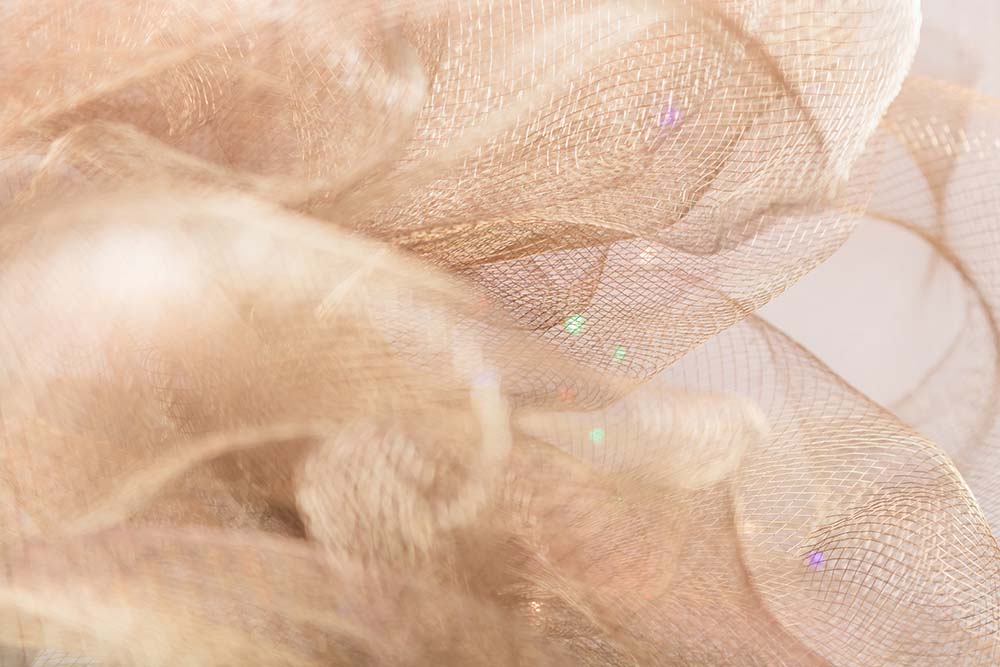 Zartes, schimmerndes Netzgewebe in warmen, fließenden Formen.