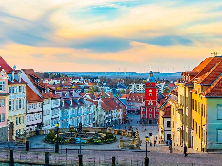 Gotha market square with town hall, fountain and historic old town