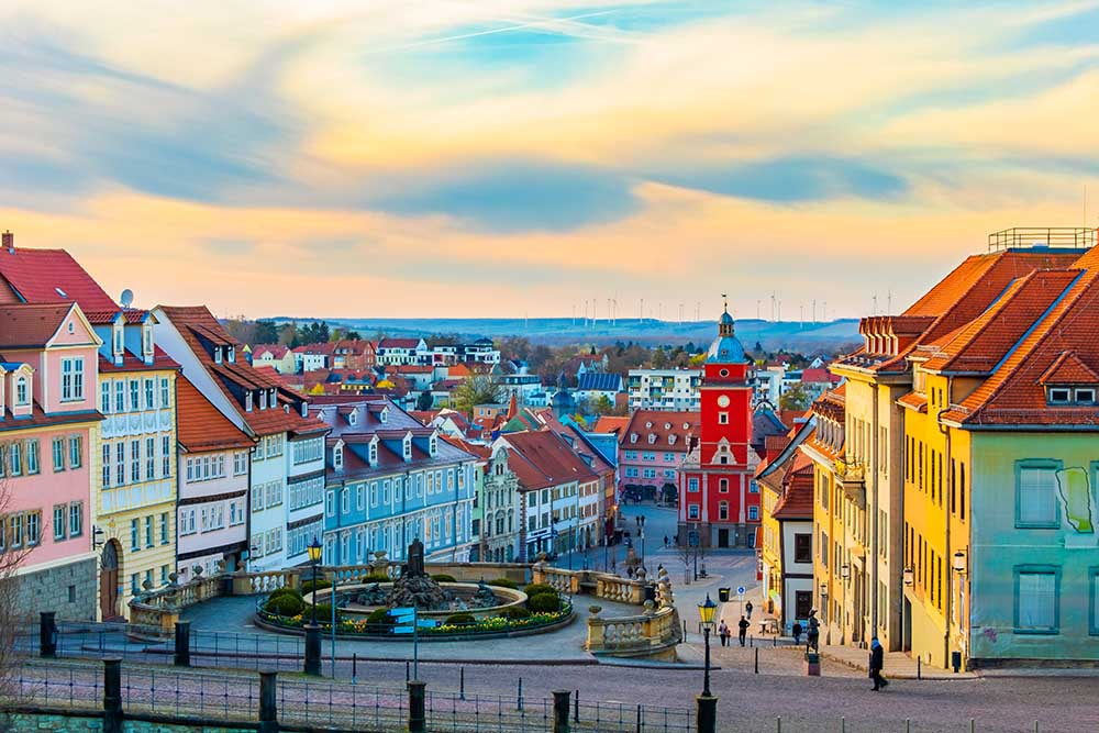 Gotha market square with town hall, fountain and historic old town