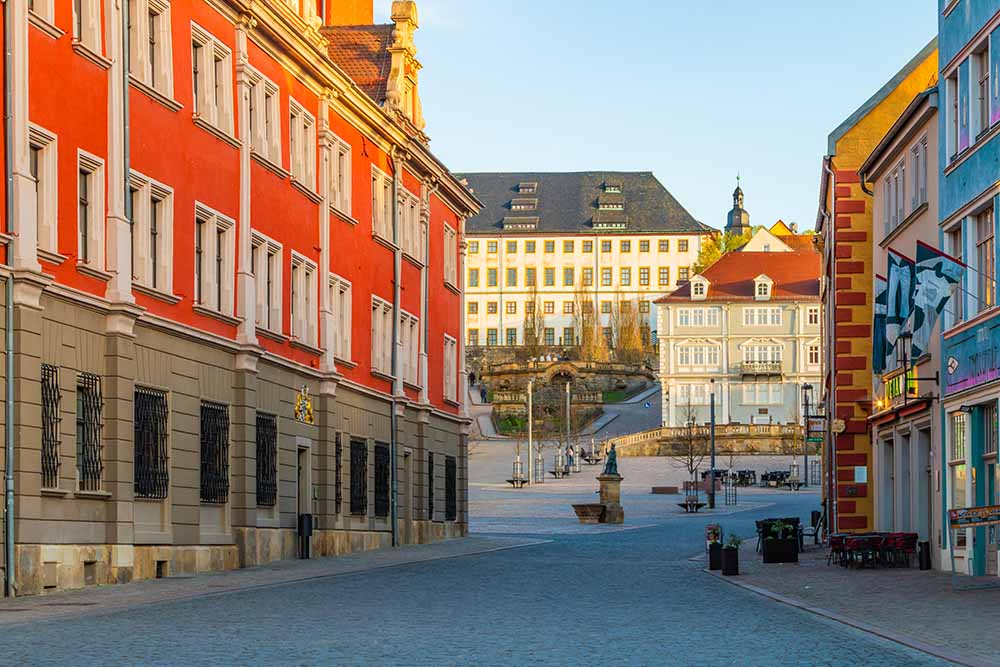 Gotha Old Town Street with historic town hall in the background