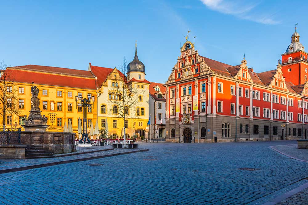 Gotha market square with historic town hall and burgher houses