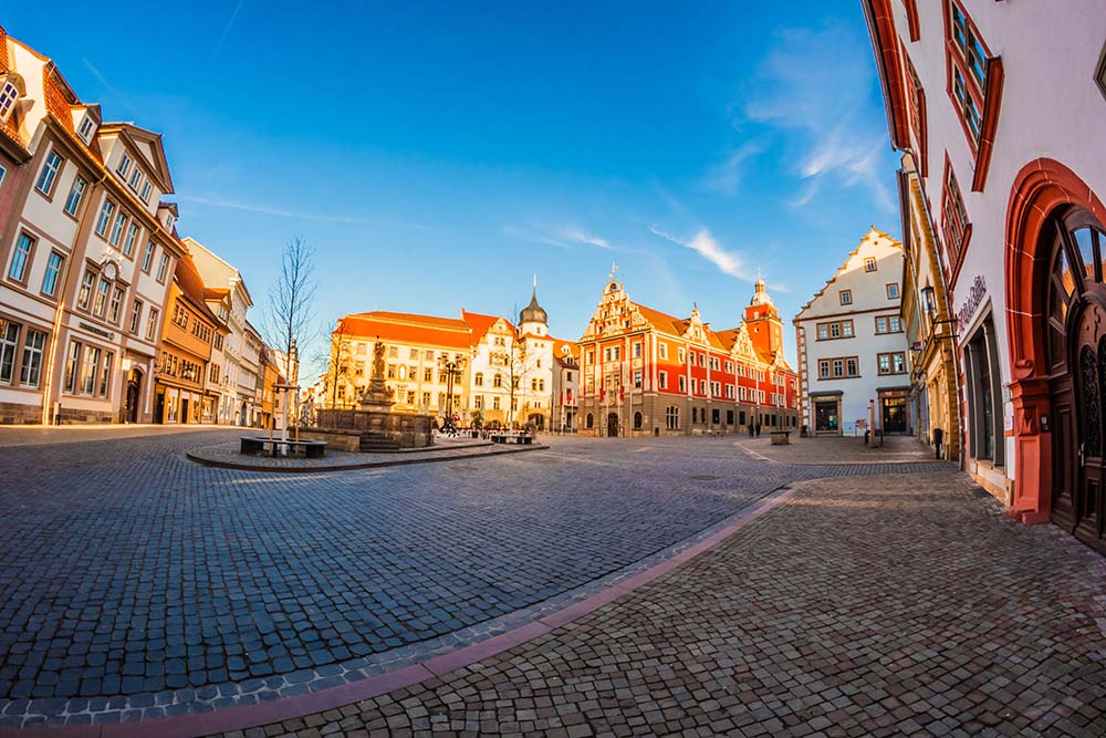Gotha market square with town hall and historic old town buildings