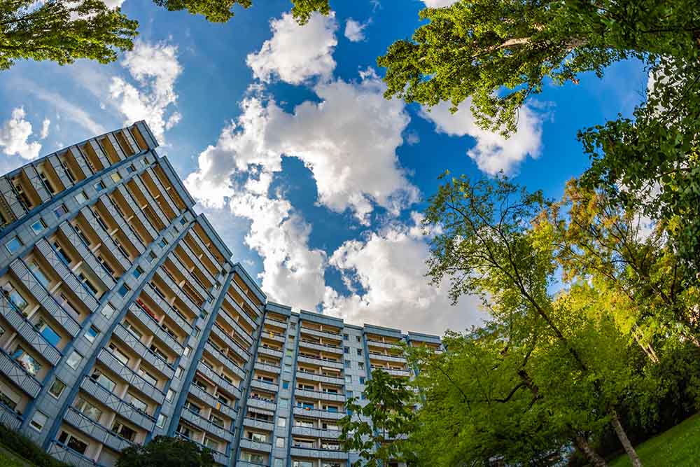 GDR prefabricated apartment building at Moscow Square in Erfurt, view from below